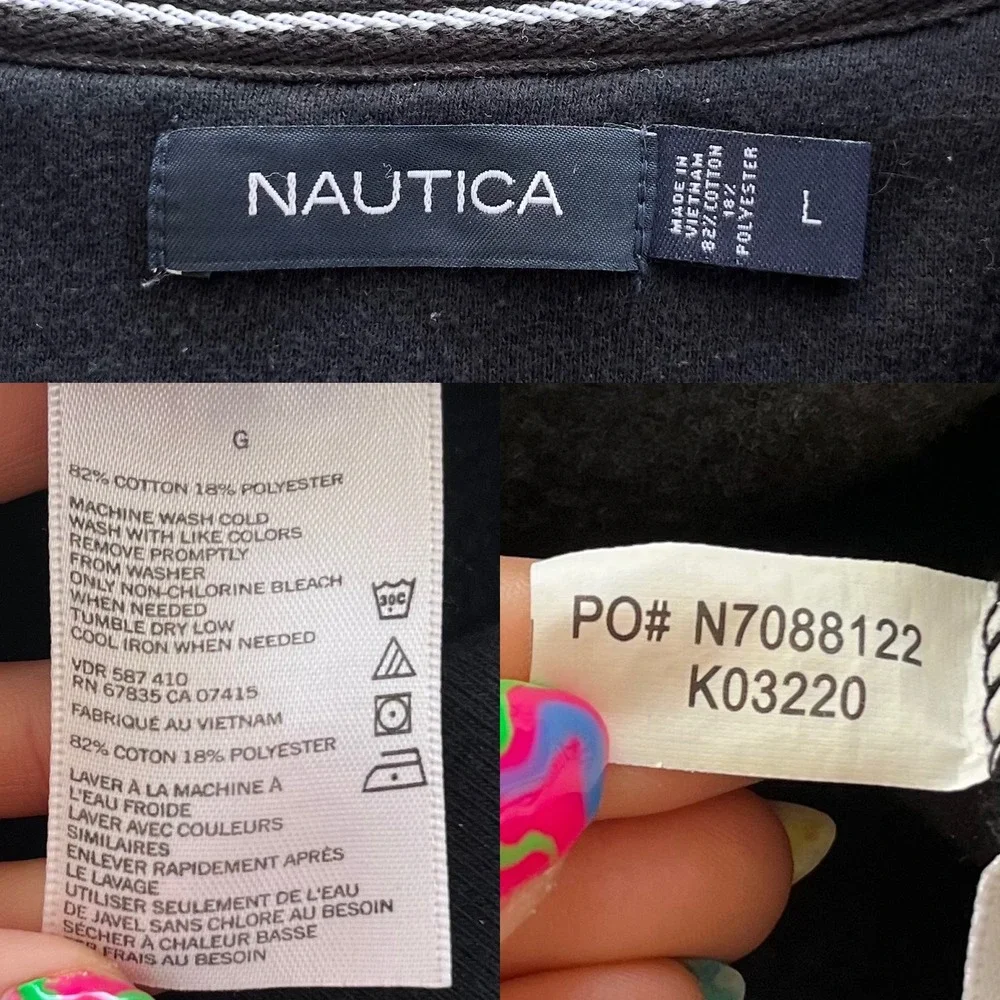 Nautica Mens Sz L Black Shadow Stripe Quarter Zip Pullover Fleece Sweater Preppy